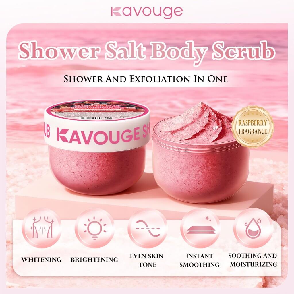 Kavouge Shower Salt Body Scrub Raspberry Fragrance 300g – 2-in-1 Exfoliating Salt Body Cleanser with Niacinamide, Raspberry Extract, Ceramide & Hyaluronic Complex | Smoothing Body Polish with Sweet Berry Aroma