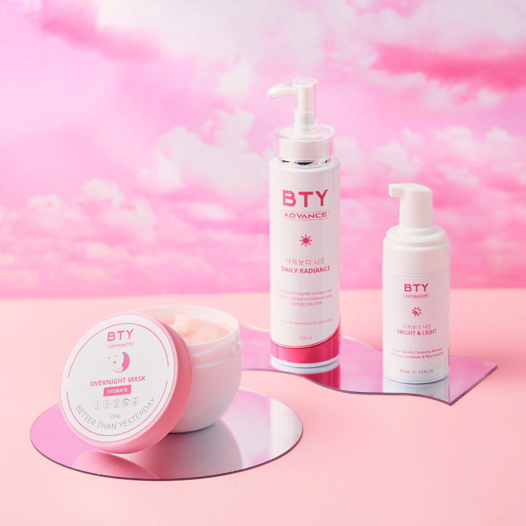 BTY Advance 3-Step Skincare Bundle Cleanse Hydrate Protect Mousse SPF Mask
