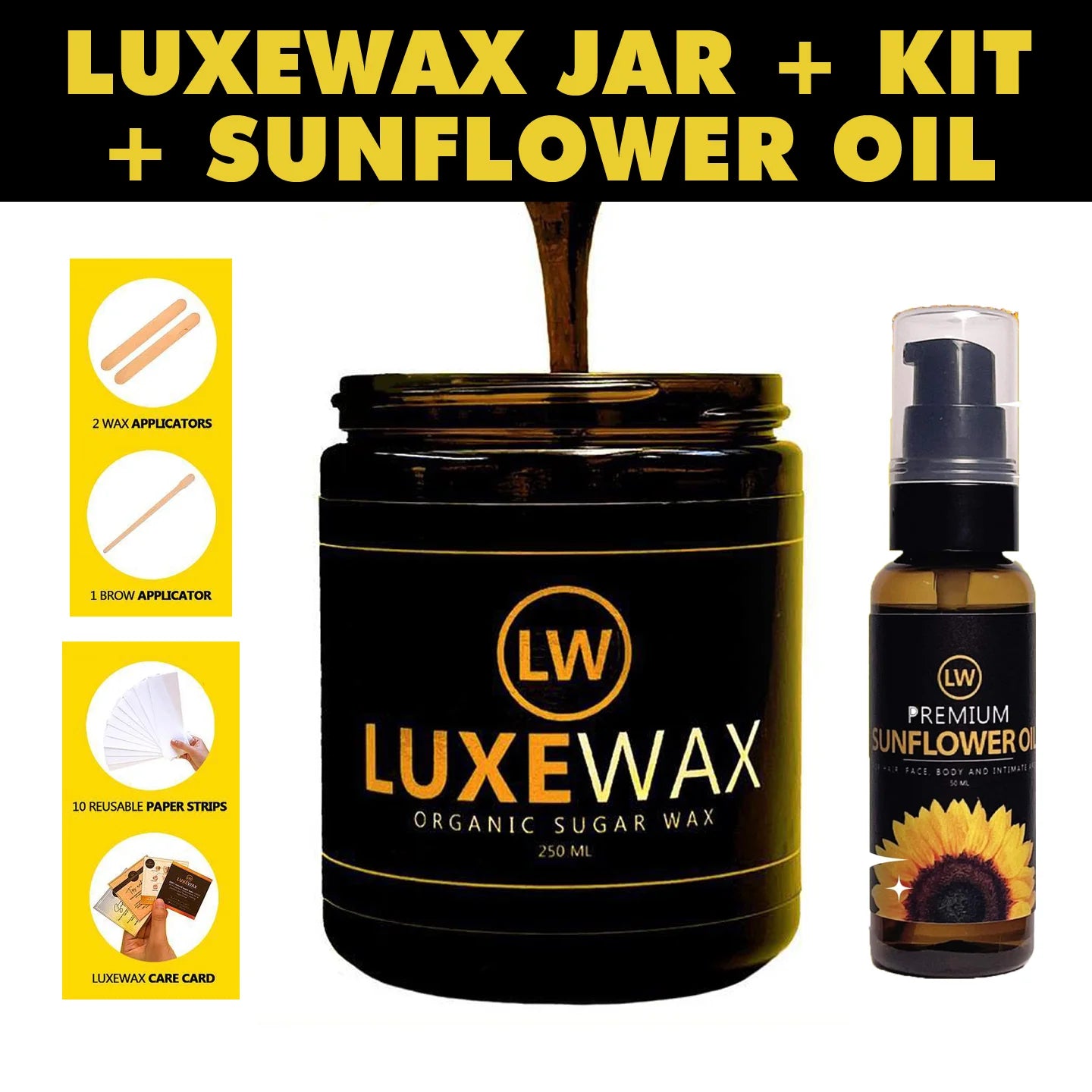 Luxewax Organic Sugar Wax Kit or Sunflower Oil (Jar, Wax & Brow Applicators, Strips, Care Card) (Authentic, Authorized Seller) Luxe Wax Sugar Wax Hair Removal DIY