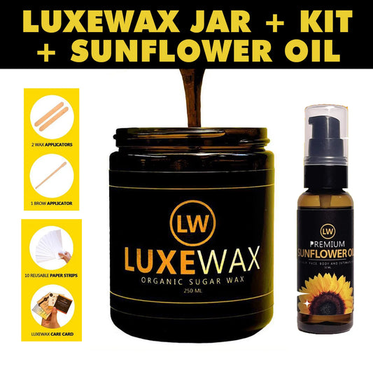 Luxewax Organic Sugar Wax Kit or Sunflower Oil (Jar, Wax & Brow Applicators, Strips, Care Card) (Authentic, Authorized Seller) Luxe Wax Sugar Wax Hair Removal DIY