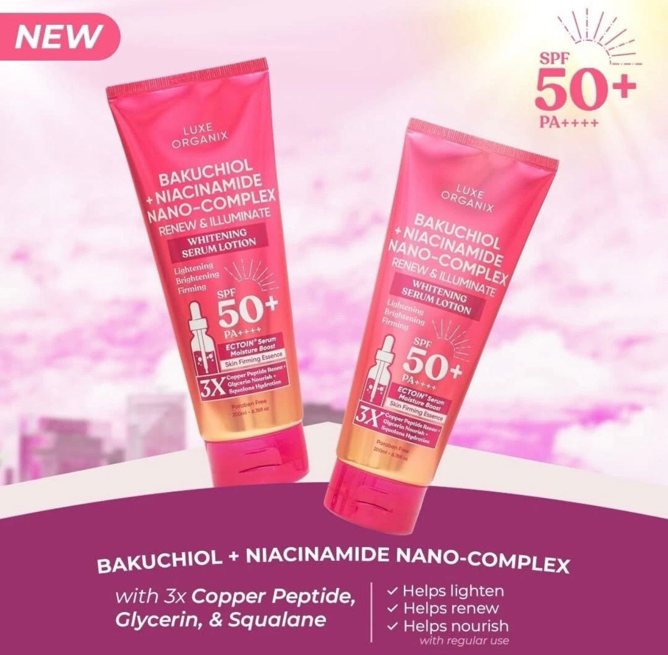 Luxe Organix Bakuchiol + Niacinamide Nano - Complex Renew and Illuminate Whitening Serum Lotion SPF 50 200ml