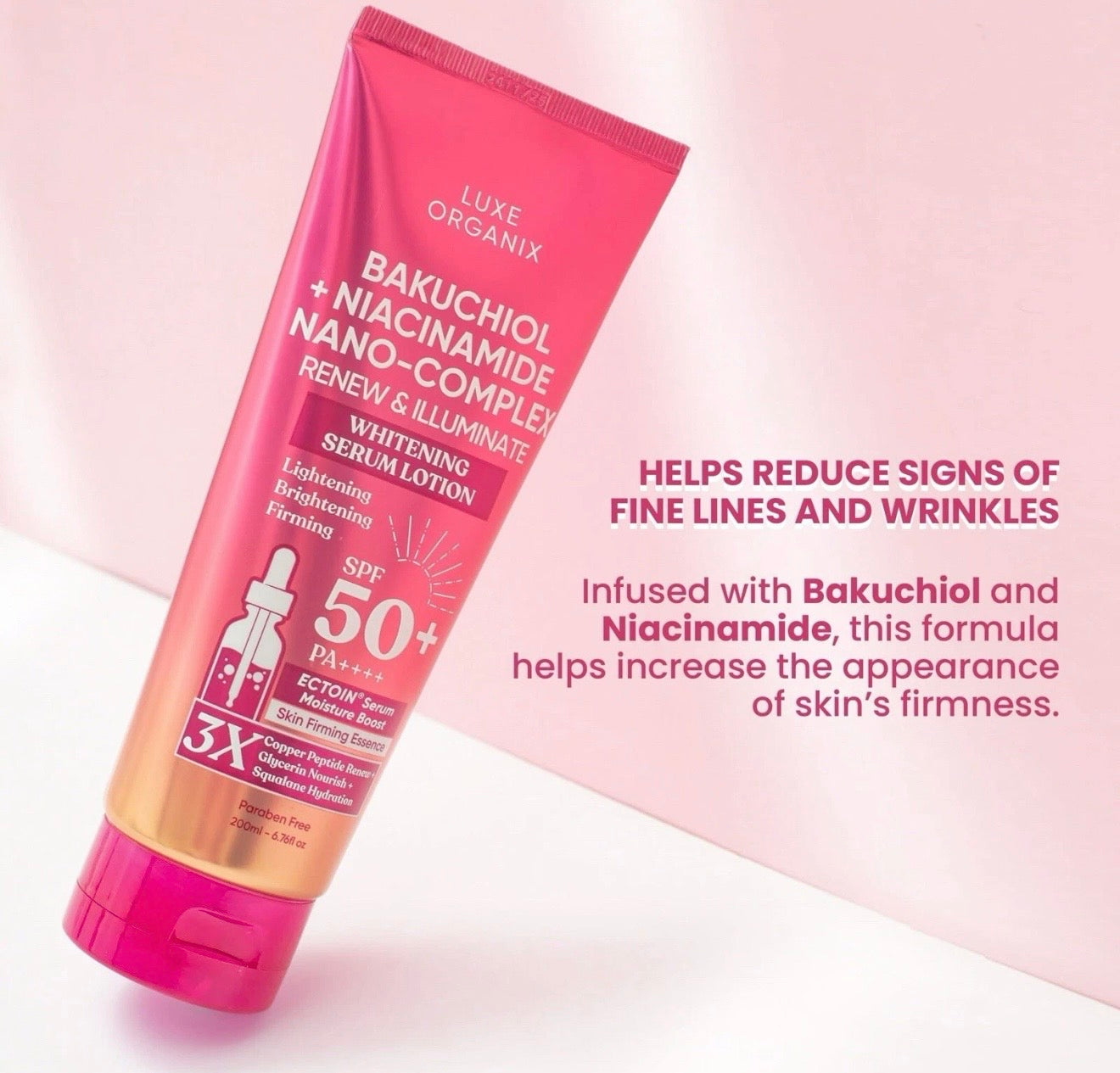 Luxe Organix Bakuchiol + Niacinamide Nano - Complex Renew and Illuminate Whitening Serum Lotion SPF 50 200ml